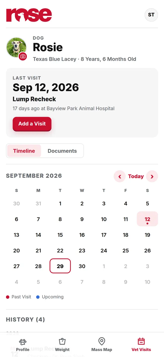 Vet visit timeline and calendar