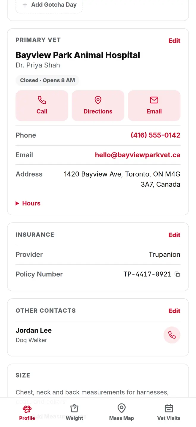 Primary vet card with call, directions and email buttons